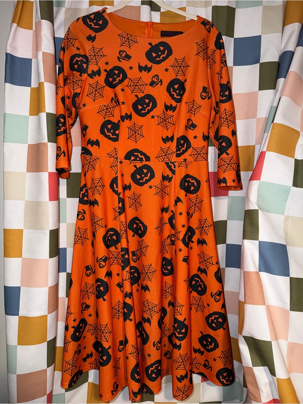 Dress Tells Orange Halloween Pumpkin Bat Spiderweb Midi Swing Dress